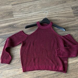 Millau Burgundy Open-Knit Cold-Shoulder Sweater